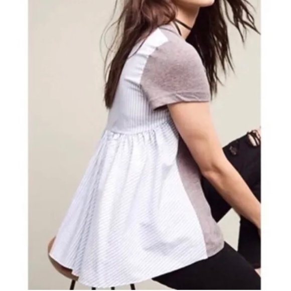 Deletta Womens Linen Blend Short Sleeve Top Size L Gray Blue Stripe Mixed Media - Picture 4 of 15